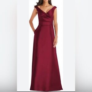 NWT Alfred Sung Off the Shoulder Satin Gown in Burgundy, size 4R